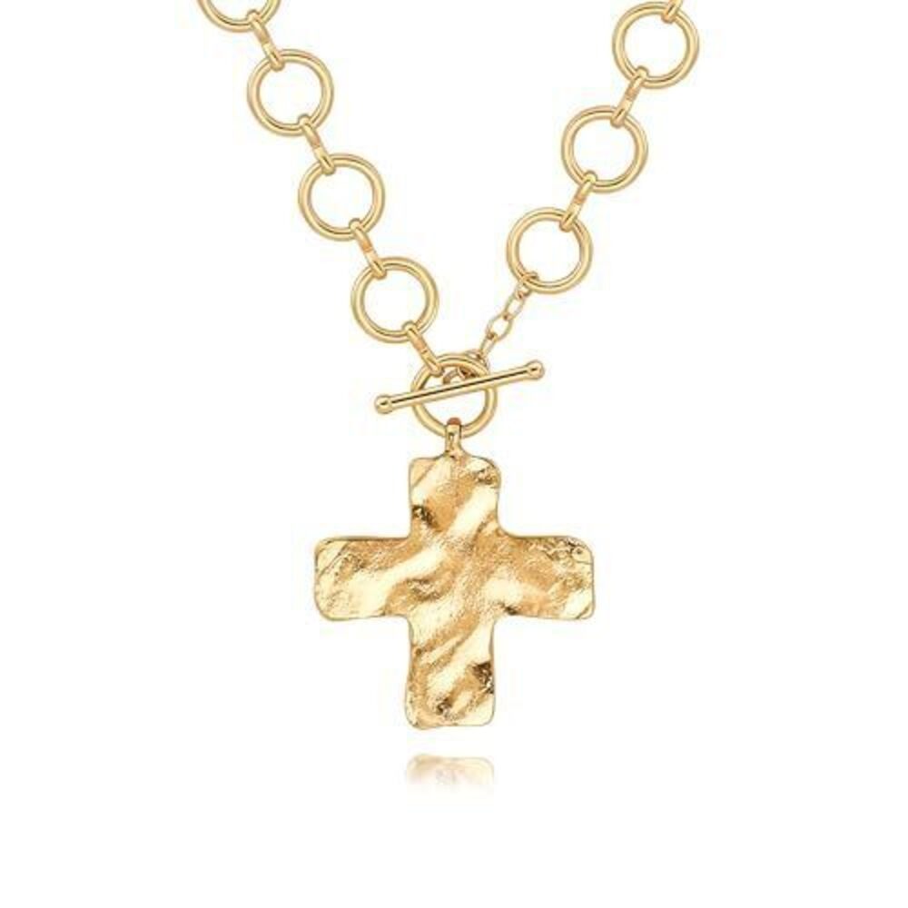 8089 Chunky Big Cross Necklace , Statement 18k Gold Plated Toggle Necklace